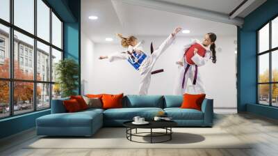 Taekwondo girl in dobok is attacking a rival and practicing combat in martial art school. Wall mural