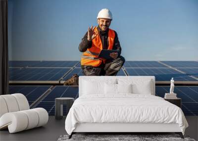 The worker is crouching on the rooftop with solar panels with tablet in his hands and approving. The solar panels passed the test. Wall mural