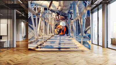 Top view of a heavy industry worker climbing up the ladders on metal construction. Wall mural