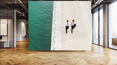 Top view of two stylish businessmen walking near the river. Wall mural