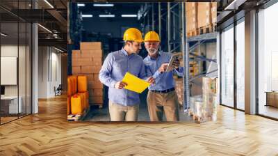 Two business partners in formal wear and with protective yellow helmets on heads standing in warehouse and comparing data. Younger holding folder while older one pointing at calculations on tablet. Wall mural