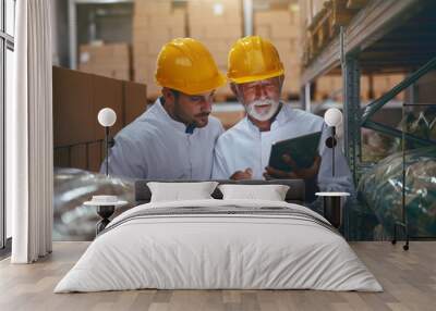 Two hardworking warehouse workers standing in warehouse and checking inventory. Older one holding tablet while younger one looking at it. Wall mural