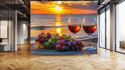  two glasses of wine and grapes at sea sunset. Wall mural