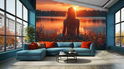 dreamer, silhouette of woman sitting along the lake at sunset, human strength, psychology concept --ar 16:9 --stylize 750 --v 6 Job ID: 86fb90ee-fc1a-4f03-bfc7-10ce5125a794 Wall mural