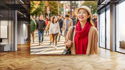 happy asian woman shopping and crossing street Wall mural