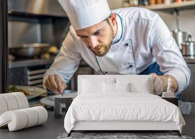 male chef plating food in plate Wall mural