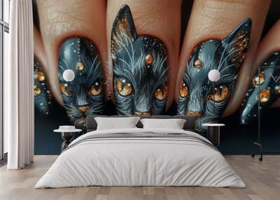 nail art of black cat,beautiful eyes,jewelry  Wall mural