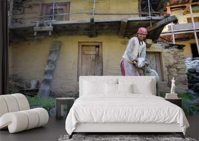 Himachali lady with her sheep standing outside an abandoned house in Shimla, Himachal Pradesh, India. Wall mural