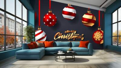 Christmas Balls with Shadows on dark background. Vector illustration Wall mural