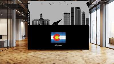 Denver city skyline silhouette - illustration, 
Town in Grey background, 
Map of Colorado Wall mural