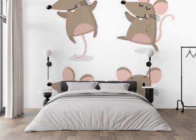 Cute mouse vector set. Little rat has long tail collection.  Animal wildlife cartoon character. Wall mural