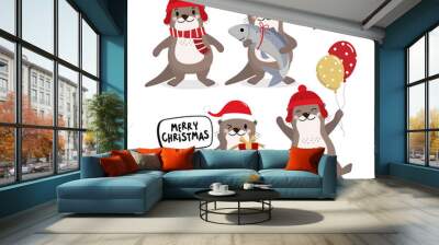 Cute otter in red costume for Christmas holidays and gift. Animal wildlife in winter cartoon character set. -Vector Wall mural