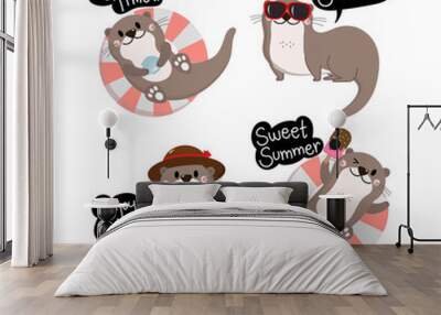 Cute otter in summer holidays. Happy animal wildlife with swim ring, sunglasses, ice-cream and bubble iced tea cartoon character set. -Vector Wall mural