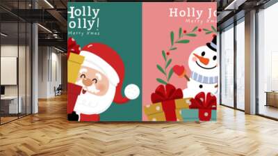 Merry Christmas and happy new year greeting card with cute Santa Claus, little elf, snowman and deer. Holiday cartoon character in winter season. -Vector Wall mural