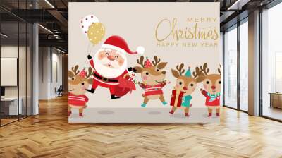 Merry Christmas and happy new year greeting card with cute Santa Claus and deer. Holiday cartoon character in winter season. -Vector Wall mural