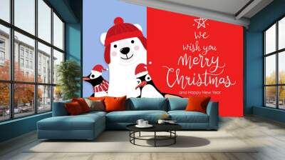 Merry Christmas greeting card with cute polar bear and penguins with red scarf. Arctic animal in winter costume cartoon character vector.  Wall mural