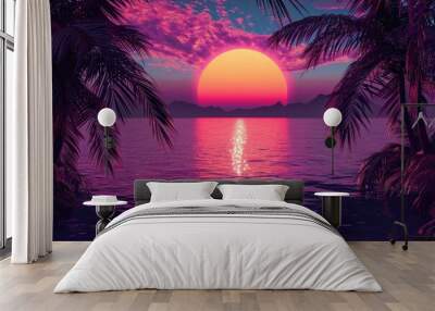 A beautiful sunset over the ocean with palm trees in the background, neon style.. Wall mural