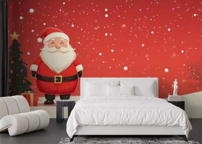 A cartoon image of Santa Claus standing in front of a Christmas tree. The image has a festive and joyful mood, as it is a representation of the holiday season Wall mural