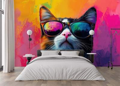 A cat wearing sunglasses and a colorful background. Wall mural