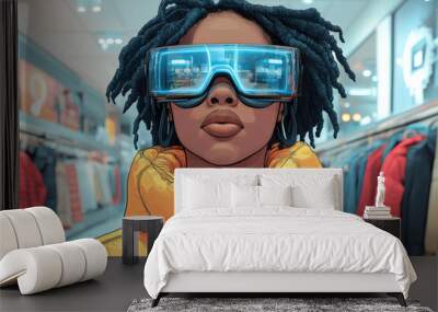 A futuristic illustration of person wearing oversized blue glasses and bright yellow puffer jacket, set in modern shopping environment.. Wall mural