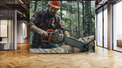 A man is cutting a tree with a chainsaw. Wall mural