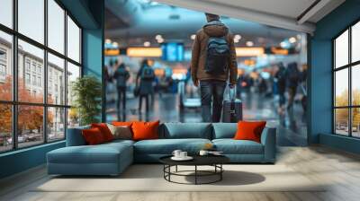 A man is walking through an airport with a suitcase and a backpack. The scene is bustling with people and luggage, creating a sense of travel and adventure Wall mural