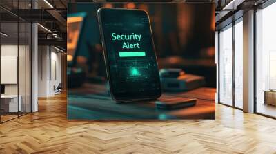 A mobile phone displaying bright green Security Alert on its screen, set against dimly lit workspace with various tech devices.. Wall mural