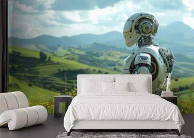 A robot is standing in a field of grass. Wall mural