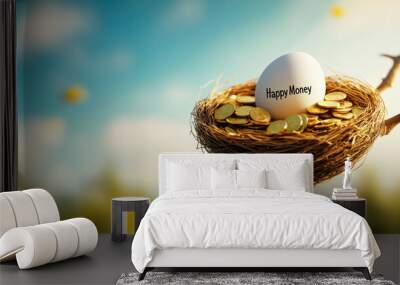 A whimsical illustration of golden nest filled with coins and an egg labeled Happy Money. Wall mural