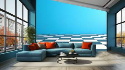 bright blue wall contrasts with classic black and white checkered floor, creating vibrant space. Wall mural