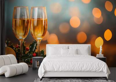 Cheers to festive season with two elegant wine glasses filled with golden liquid, surrounded by. Wall mural