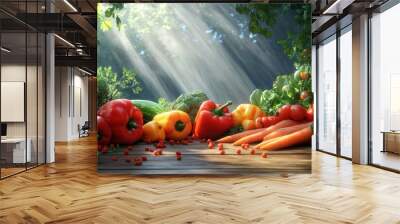 Close-up of fresh organic vegetables on wooden table. Wall mural