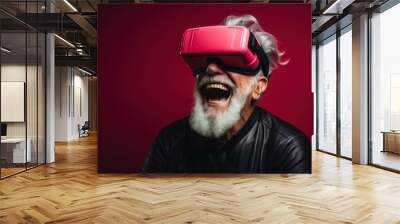 Excited Senior man wearing VR headset with a big smile on face, enjoying a virtual reality experience that sparks wonder and joy. Generative AI Wall mural