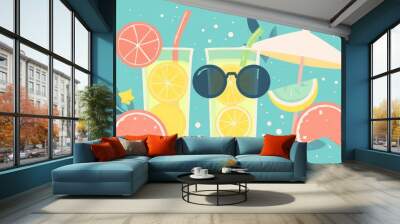 Flat illustration, A beach scene with a straw in a glass of orange juice. Wall mural