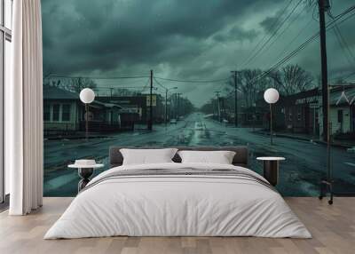 Gray clouds looming over a deserted city street on a gloomy Monday morning.. Wall mural