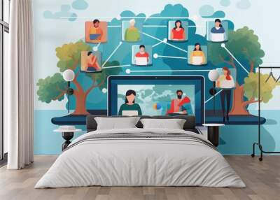 People connecting together, learning or meeting online with teleconference, video conference remote working. Generative AI Wall mural