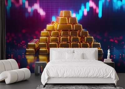 Stacks of gold bars forming a pyramid with stock market charts on a black background. Wall mural