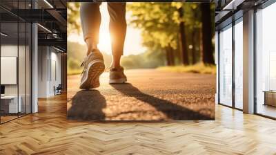 Summer shoes on the asphalt road in the sun - time for summer running. Generative AI. Wall mural