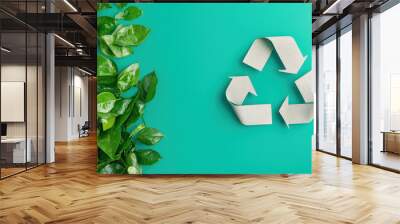 Sustainable lifestyle scene featuring green leaves and recycling symbol, emphasizing eco friendly practices and environmental awareness. Wall mural