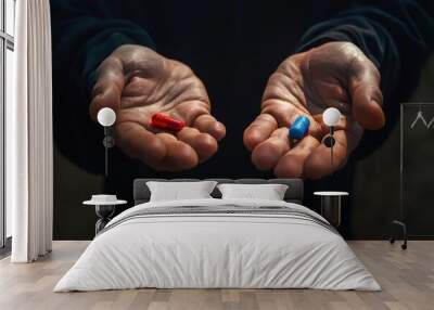 Two pills, one red and one blue, are being held in a person's hands. Wall mural