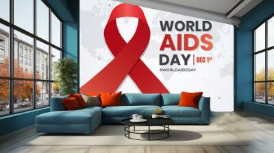 World Aids Day Desember 01st with red ribbon and maps illustration on isolated background Wall mural