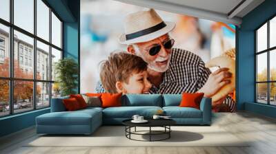 Grandfather and grandson having fun and spending good quality time together in amusement park. Kid shooting with air gun while grandpa helps him to win the prize. Wall mural