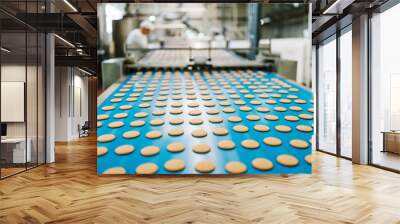 Huge factory line for sweet food and cookies production. Close up shots of industrial manufacturing process. Wall mural