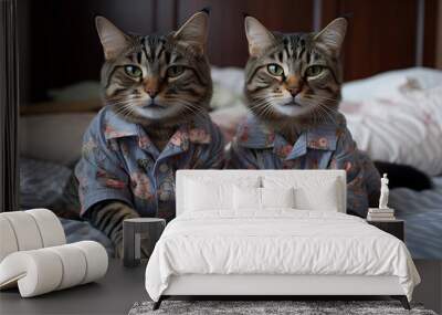 Two Cats in Blue Pajamas on Bed Wall mural