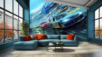 A dynamic scene where a blue race car leads a group of competitors on a rain-soaked racetrack, illustrating determination and the challenges of motorsport. Wall mural