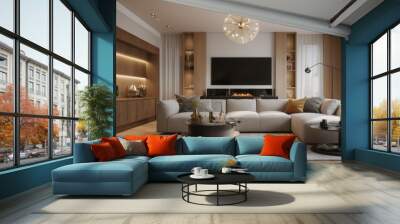 modern living room decoration ideas. modern living room 3d render design. Wall mural