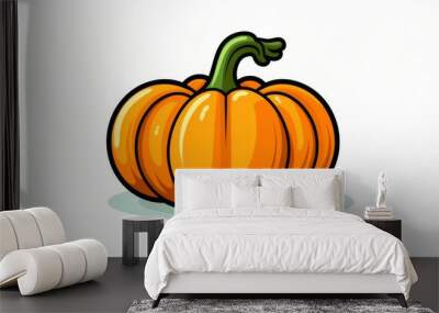 This is an illustration of a vibrant orange pumpkin with a prominent green stem, rendered in a playful and cartoonish style on a light background. Wall mural