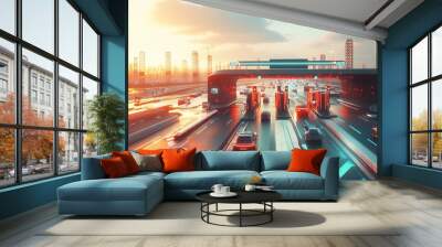 Vibrant Cityscape with Busy Traffic at Sunset Wall mural