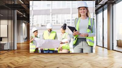 Architect, leader and woman construction worker with tablet, smile in portrait with digital blueprint. Architecture, contractor and happy female engineer, building industry and team with floor plan Wall mural