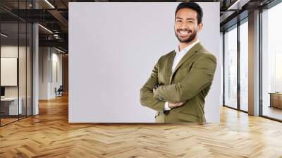 Mockup, business and portrait of man with smile on white background for success, leadership and confidence. Copy space, crossed arms and happy male in professional clothes for advertising in studio Wall mural